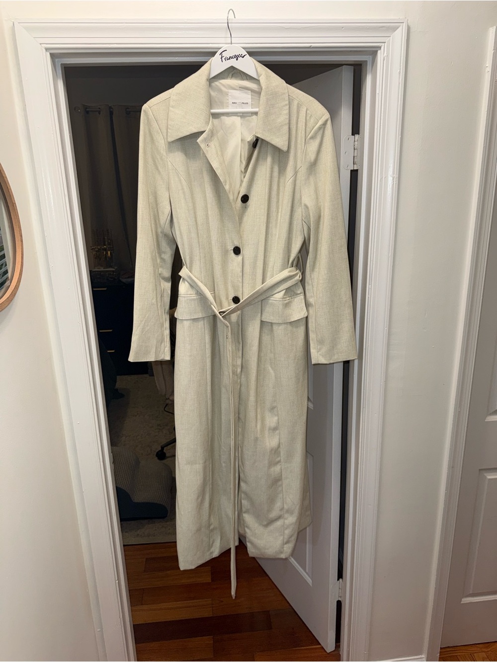Long Cream Belted Trench Coat - Minimal Tailored Design